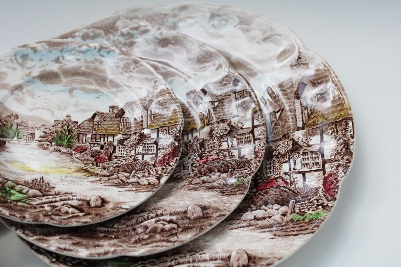 photo of Olde English Countryside vintage Johnson Bros china plates, multicolored transferware #5