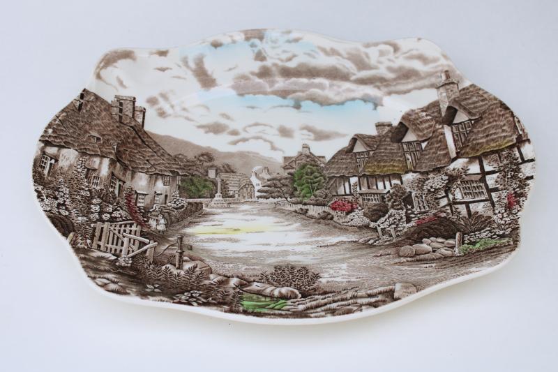 photo of Olde English Countryside vintage Johnson Bros china platter w/ village of thatched cottages #1