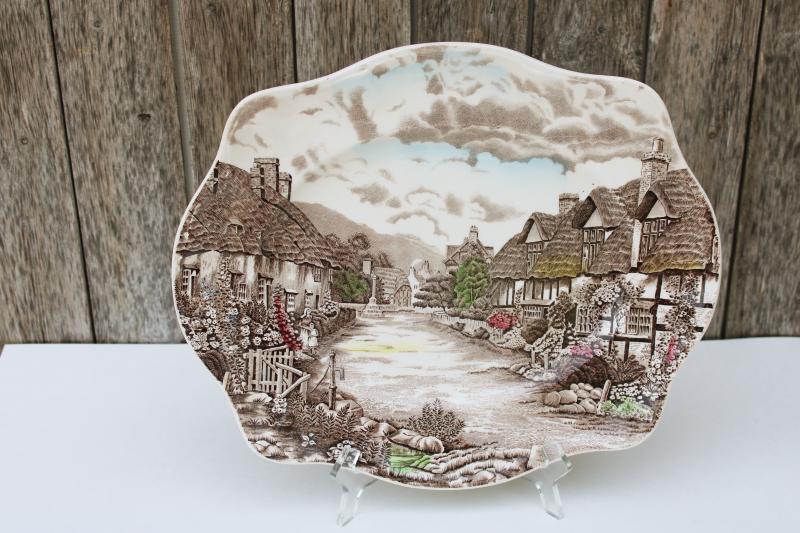 photo of Olde English Countryside vintage Johnson Bros china platter w/ village of thatched cottages #5