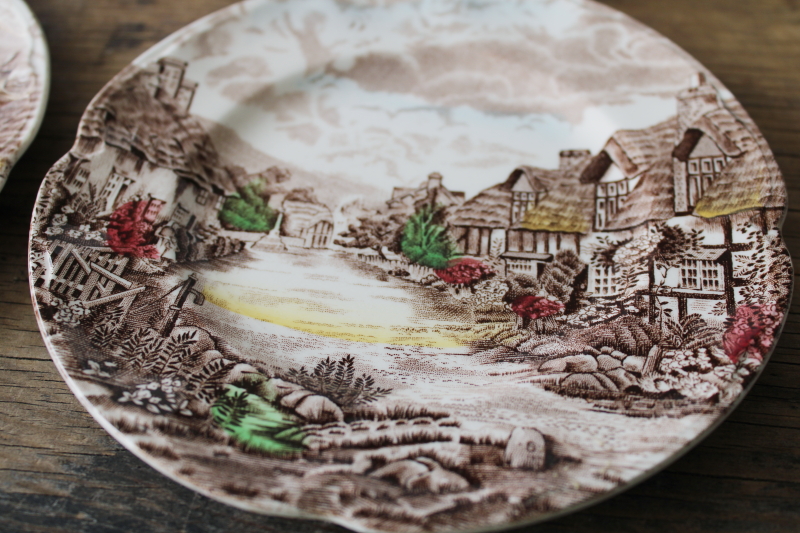 photo of Olde English Countryside vintage Johnson Bros plates, multicolored transferware china #2