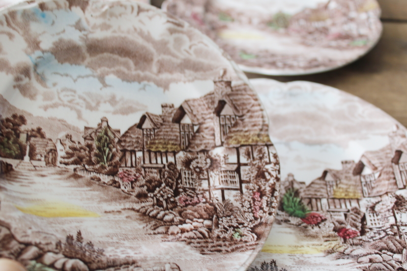 photo of Olde English Countryside vintage Johnson Bros plates, multicolored transferware china #3