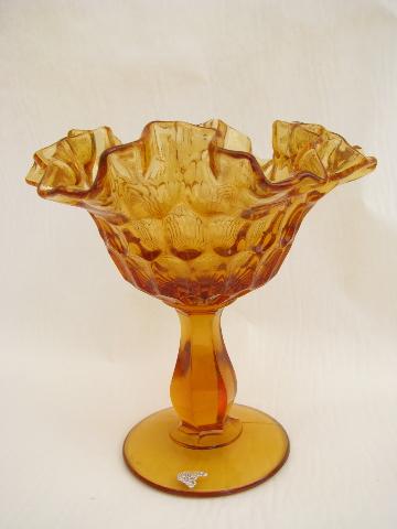 photo of Olde Virginia Fenton thumbprint pattern, ruffled amber glass candy dish comport #1