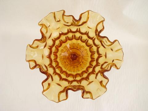 photo of Olde Virginia Fenton thumbprint pattern, ruffled amber glass candy dish comport #2