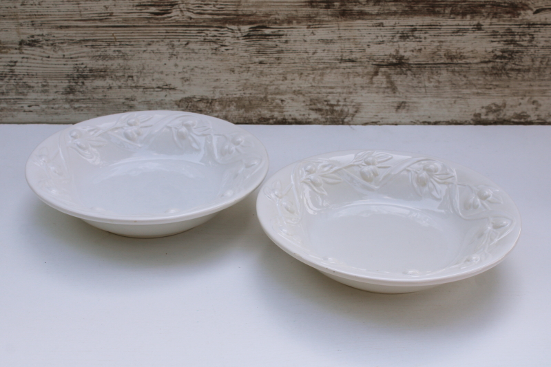 photo of Olive Harvest I Patrizi Italy ceramic pasta bowls Williams Sonoma all white embossed olives border #1