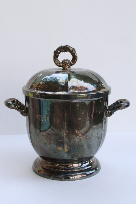 photo of Oneida silver plated ice bucket w/ insert & lid, tarnished vintage silver #1