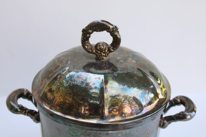 photo of Oneida silver plated ice bucket w/ insert & lid, tarnished vintage silver  #3
