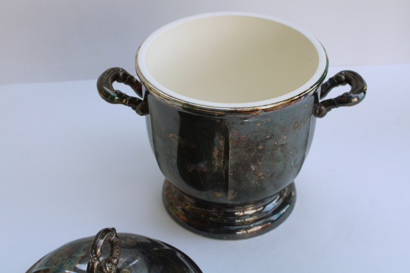 photo of Oneida silver plated ice bucket w/ insert & lid, tarnished vintage silver  #5
