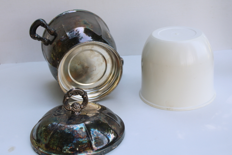 photo of Oneida silver plated ice bucket w/ insert & lid, tarnished vintage silver  #7