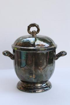 catalog photo of Oneida silver plated ice bucket w/ insert & lid, tarnished vintage silver 