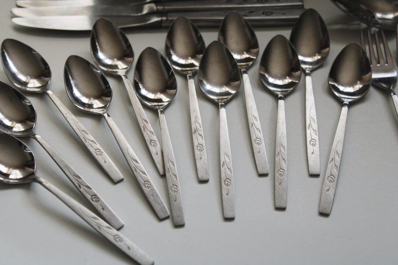 photo of Oneidacraft Deluxe Stainless 1960s vintage Capistrano burnished rose pattern flatware #5