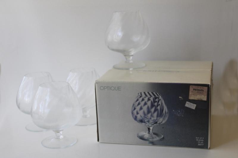 photo of Optique swirl hand blown crystal brandy snifter glasses, made in Romania vintage box set #1