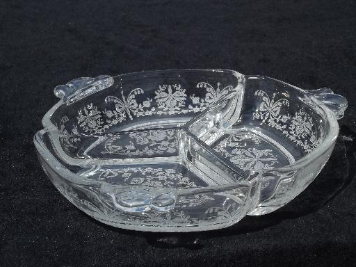 photo of Orchid etch vintage Heisey Queen Anne glass bowl, divided relish dish #2