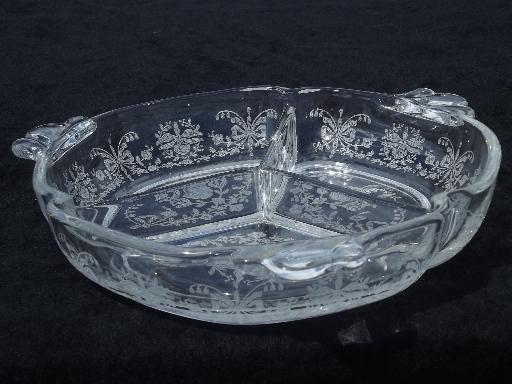 photo of Orchid etch vintage Heisey Queen Anne glass bowl, divided relish dish #3