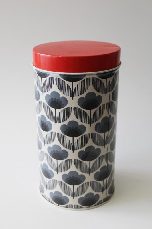 photo of Orla Kiely kitchen canister tin, black & grey print w/ red lid, mod design #1