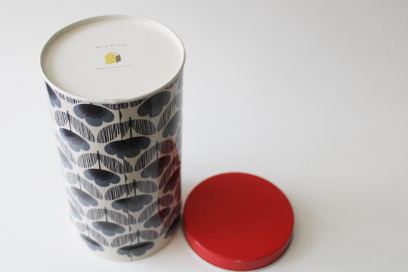 photo of Orla Kiely kitchen canister tin, black & grey print w/ red lid, mod design #4