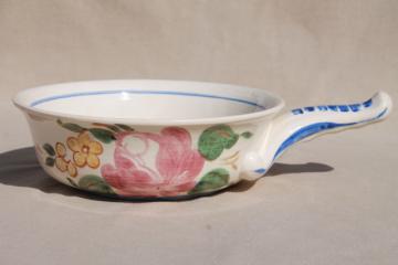 catalog photo of Orleans Red Wing pottery casserole dish, stick handle bowl w/ hand painted floral