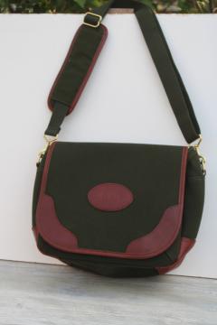 catalog photo of Orvis Battenkill shoulder bag, sportsmans gear bag or purse, green canvas w/ leather trim