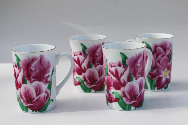 photo of Otagiri Japan vintage set of tea mugs or coffee cups w/ pink tulips floral #1