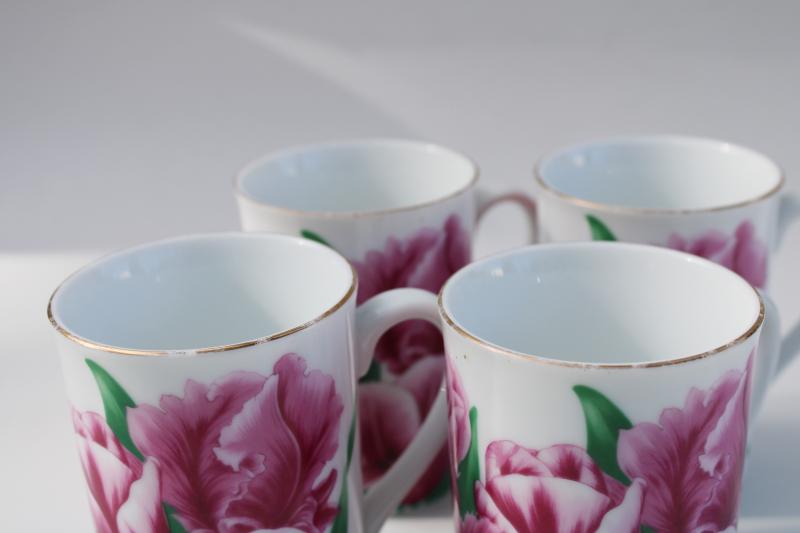 photo of Otagiri Japan vintage set of tea mugs or coffee cups w/ pink tulips floral #2