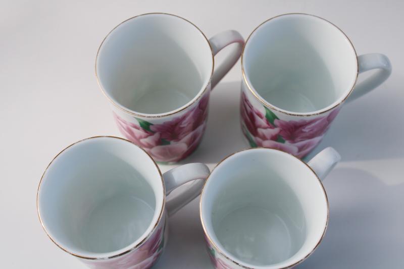 photo of Otagiri Japan vintage set of tea mugs or coffee cups w/ pink tulips floral #3