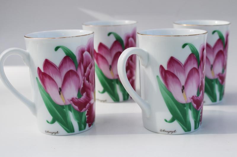 photo of Otagiri Japan vintage set of tea mugs or coffee cups w/ pink tulips floral #4