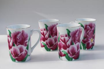 catalog photo of Otagiri Japan vintage set of tea mugs or coffee cups w/ pink tulips floral