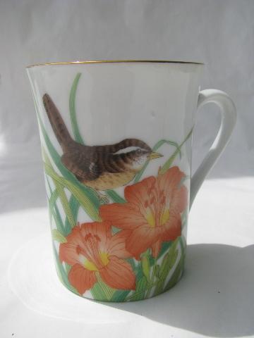 photo of Otagiri china Gibson Greetings mugs or cups, orange lily / brown sparrow #3