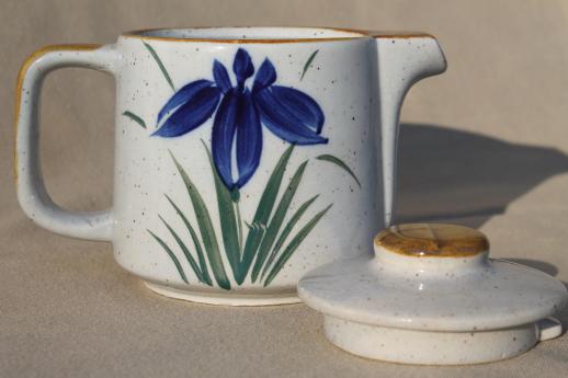photo of Otagiri vintage Japan stoneware teapot, red & blue iris hand-painted pottery  #3