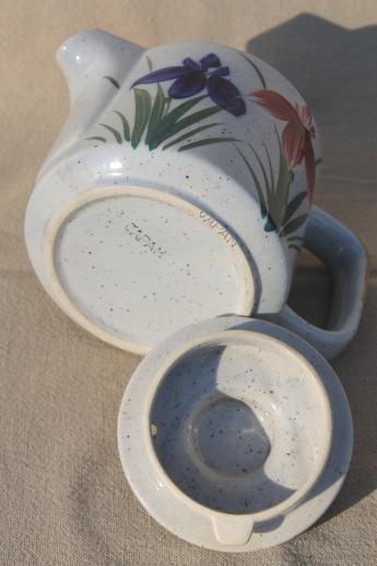 photo of Otagiri vintage Japan stoneware teapot, red & blue iris hand-painted pottery  #6