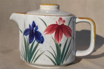 catalog photo of Otagiri vintage Japan stoneware teapot, red & blue iris hand-painted pottery 
