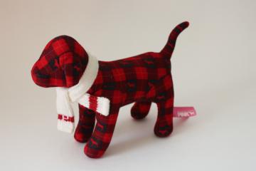 catalog photo of PINK stuffed dog red black plaid buffalo checked holiday labrador w/ scarf