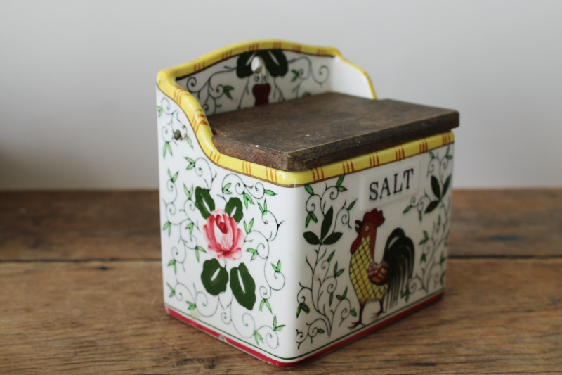 photo of PY Japan Provincial rooster & roses vintage hand painted ceramic Salt box wall hanging  #1