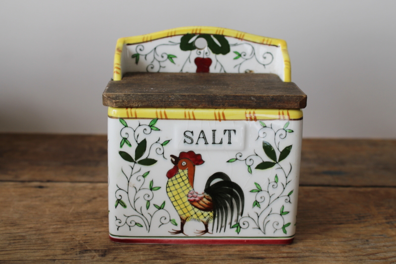 photo of PY Japan Provincial rooster & roses vintage hand painted ceramic Salt box wall hanging #2