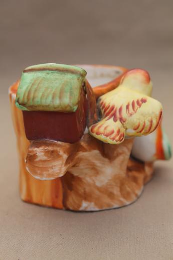 photo of PY Japan birds & birdhouse on tree stump, vintage hand-painted china planter pot #2