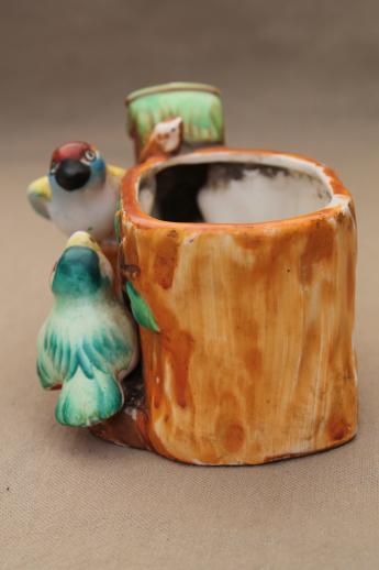 photo of PY Japan birds & birdhouse on tree stump, vintage hand-painted china planter pot #4