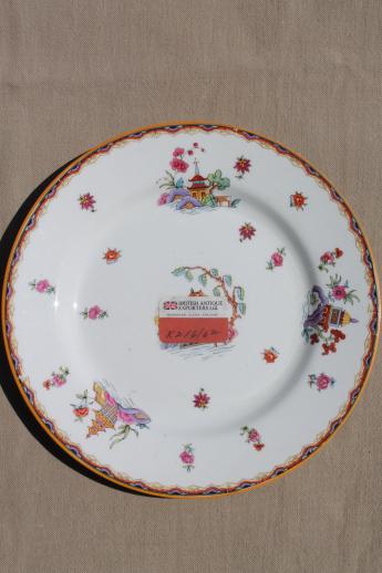 photo of Pagoda pattern chinoiserie china plates, old Johnson Brothers plates w/ British export labels #2