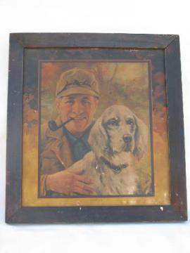 catalog photo of Pal O' Mine, 1920s - 30s vintage man w/ pipe & spaniel dog, old wood framed print