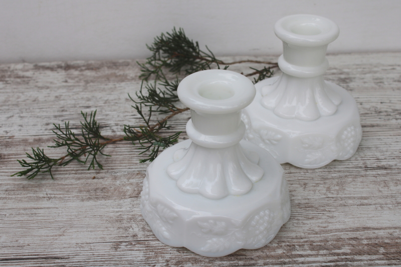photo of Paneled Grape milk glass candle holders, vintage Westmoreland glass candlesticks  #5