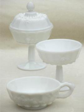 catalog photo of Paneled Grape pattern grapes milk glass set, candy dishes & nappy bowl