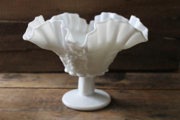 Paneled grape Westmoreland milk glass, crimped candy dish or compote vintage grapes 