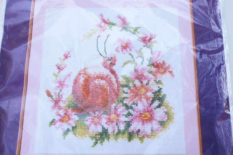 photo of Panna cross stitch embroidery kit, happy snail & flowers, chart w/ aida cloth & cotton floss #2