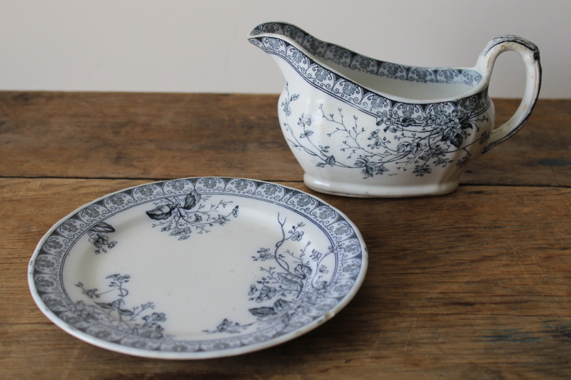 photo of Parisian Granite antique ironstone Rosaline blue & white sauce pitcher or gravy boat w/ plate  #2