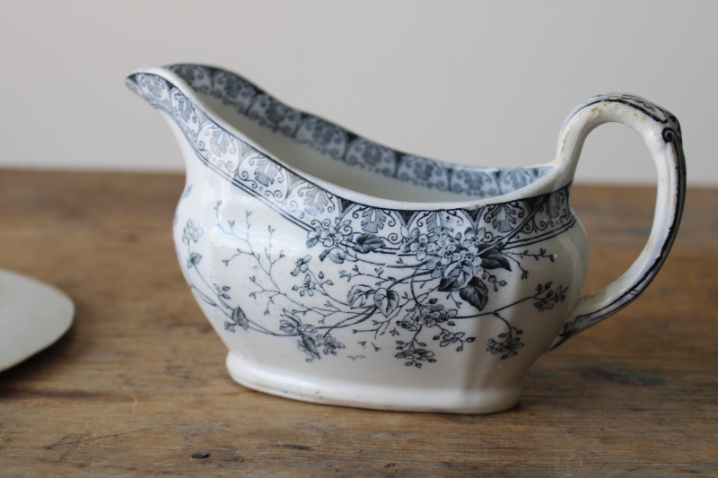 photo of Parisian Granite antique ironstone Rosaline blue & white sauce pitcher or gravy boat w/ plate  #5
