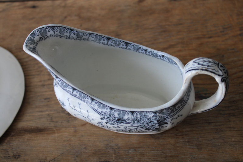 photo of Parisian Granite antique ironstone Rosaline blue & white sauce pitcher or gravy boat w/ plate  #6