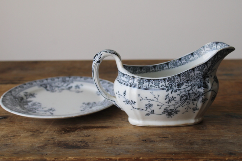 photo of Parisian Granite antique ironstone Rosaline blue & white sauce pitcher or gravy boat w/ plate  #7