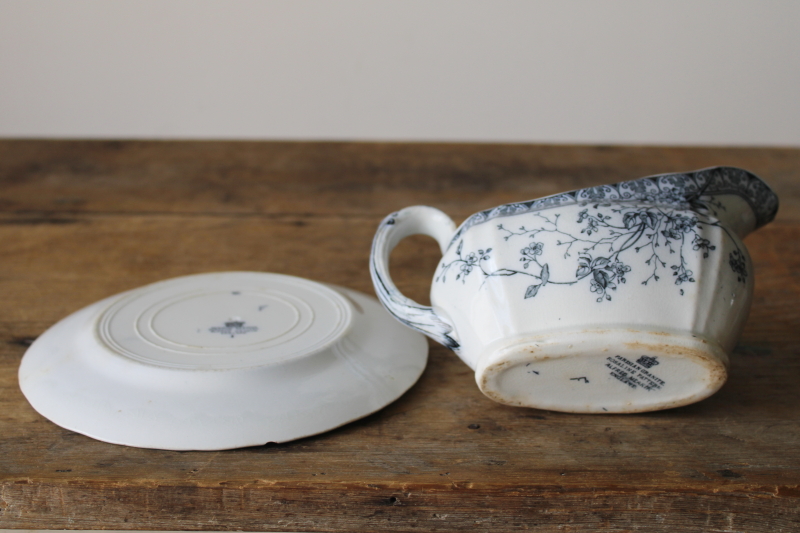 photo of Parisian Granite antique ironstone Rosaline blue & white sauce pitcher or gravy boat w/ plate  #8