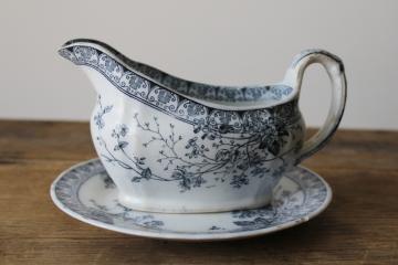 Parisian Granite antique ironstone Rosaline blue & white sauce pitcher or gravy boat w/ plate 