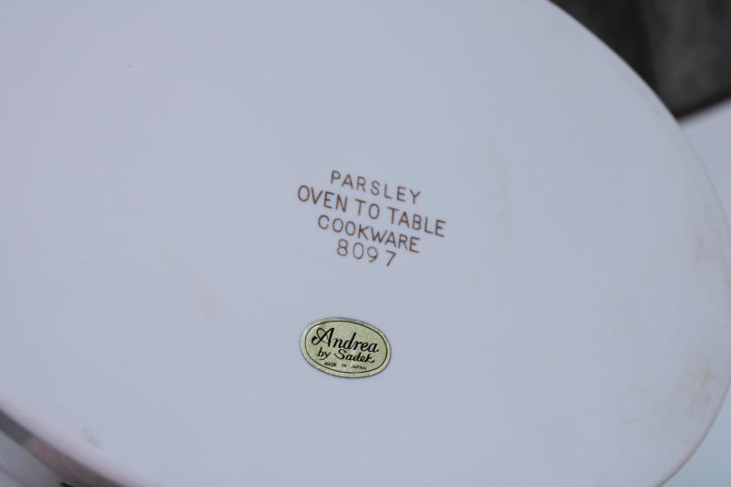 photo of Parsley pattern oven to table ceramic casserole w/ lid, vintage Andrea by Sadek Japan #4