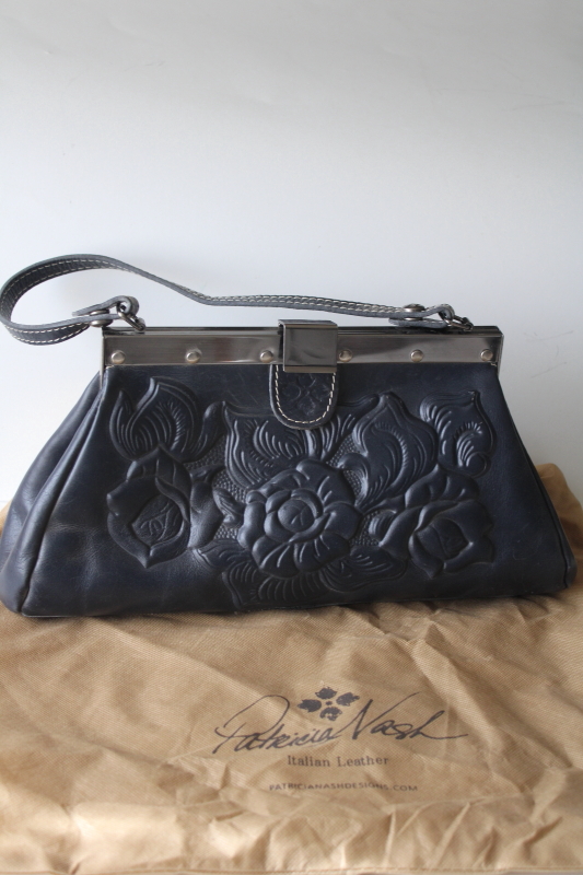 photo of Patricia Nash tooled leather Ferrara frame satchel handbag, navy blue purse #1