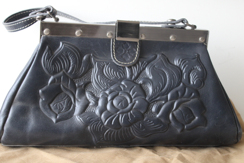 photo of Patricia Nash tooled leather Ferrara frame satchel handbag, navy blue purse #3